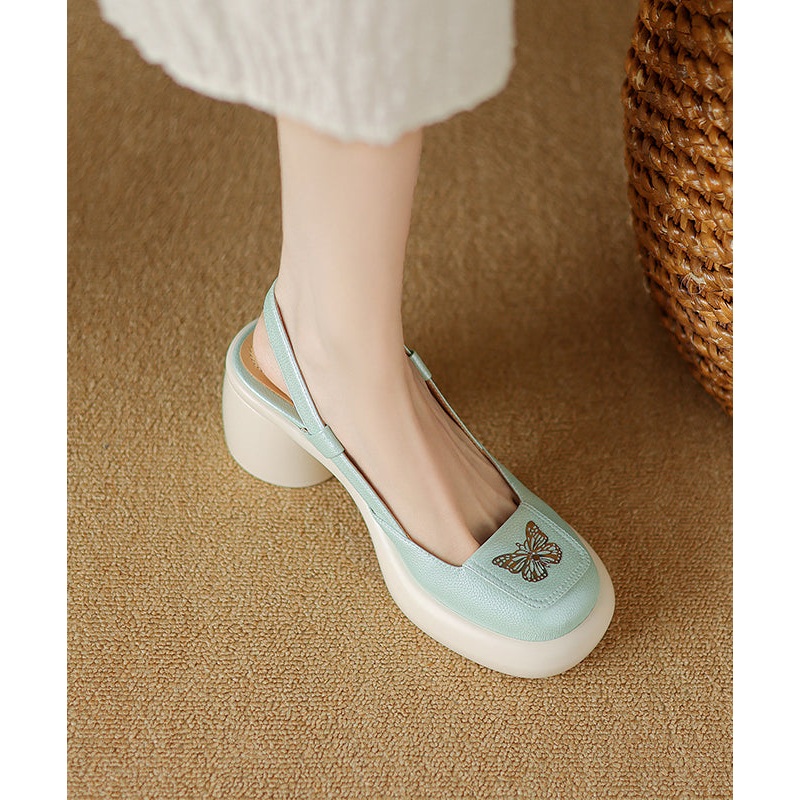 Mint Green Chunky Heel Sheepskin New Splicing Sandals