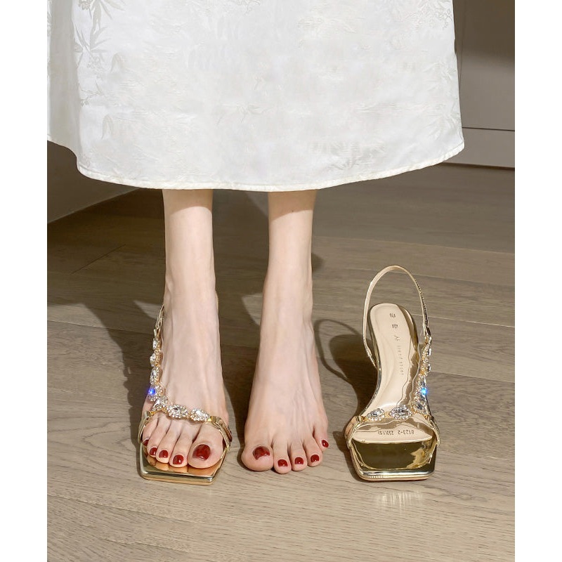 Unique Zircon Stiletto Sandals Gold Sheepskin Peep Toe