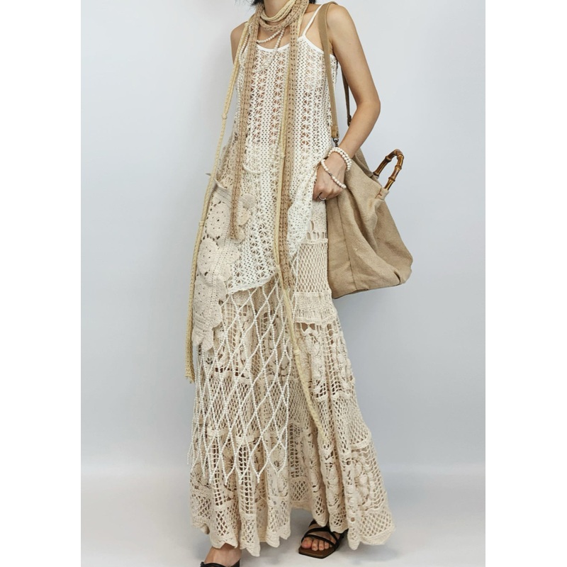Art Beige Hollow Out Spaghetti Strap Tank And Skirts Knit Two Pieces Set Sleeveless