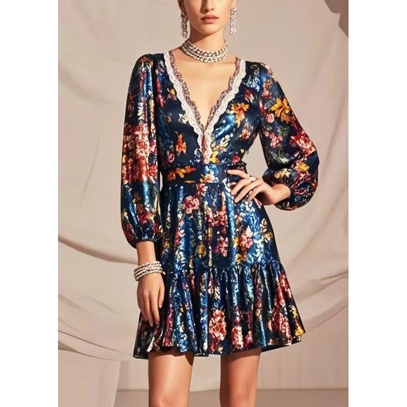 Art Peacock blue V Neck Print Silk Mini Dress Bracelet Sleeve