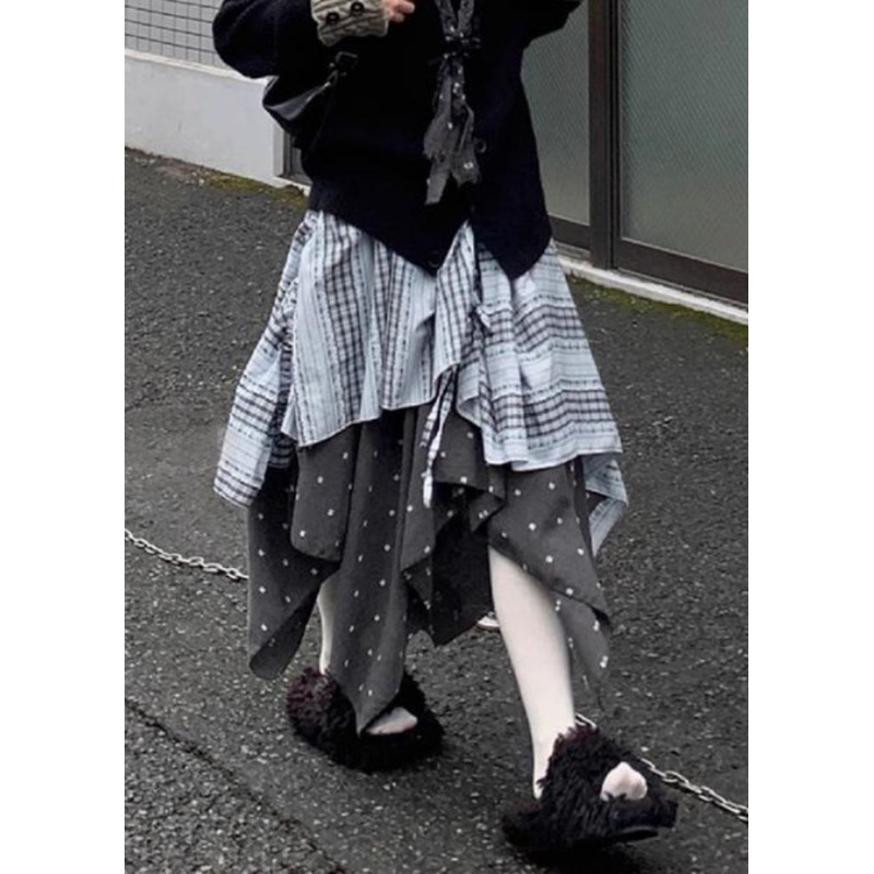 Art Plaid Asymmetrical Elastic Waist Patchwork Cotton Skirt Spring