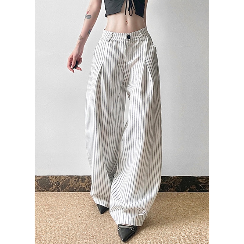 Art Striped Button High Waist Cotton Pants Summer
