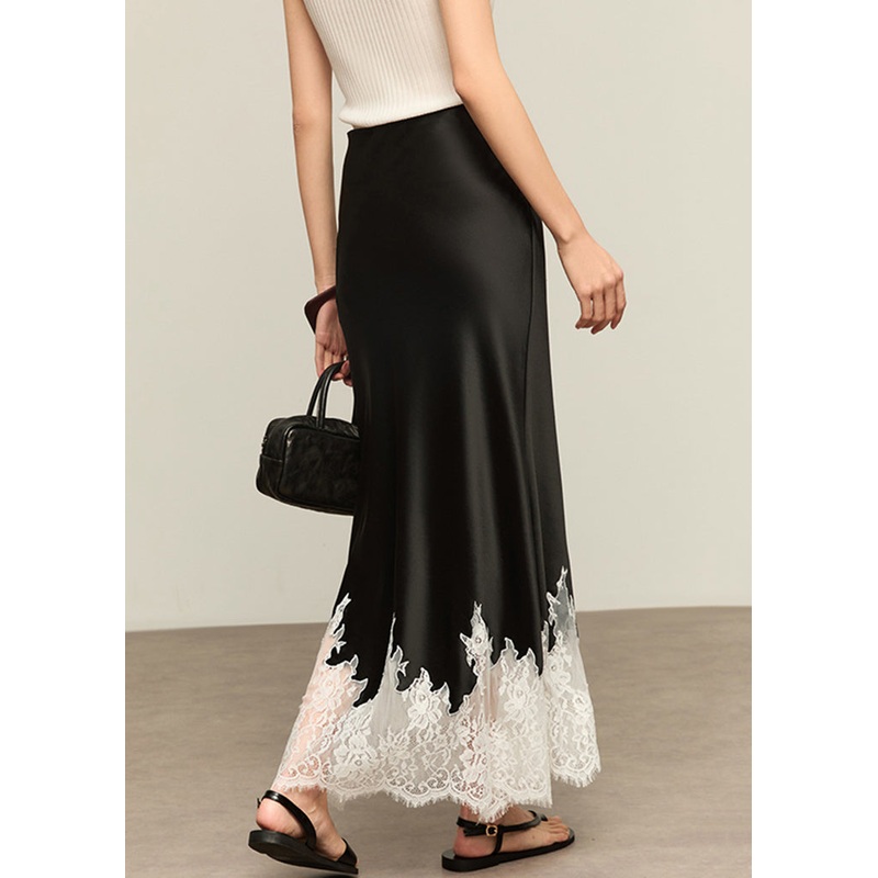 Black Original Design Lace Patchwork Silk Summer Skirt High Waist