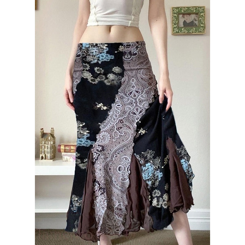 Bohemian Black Print Patchwork Cotton Skirts Summer