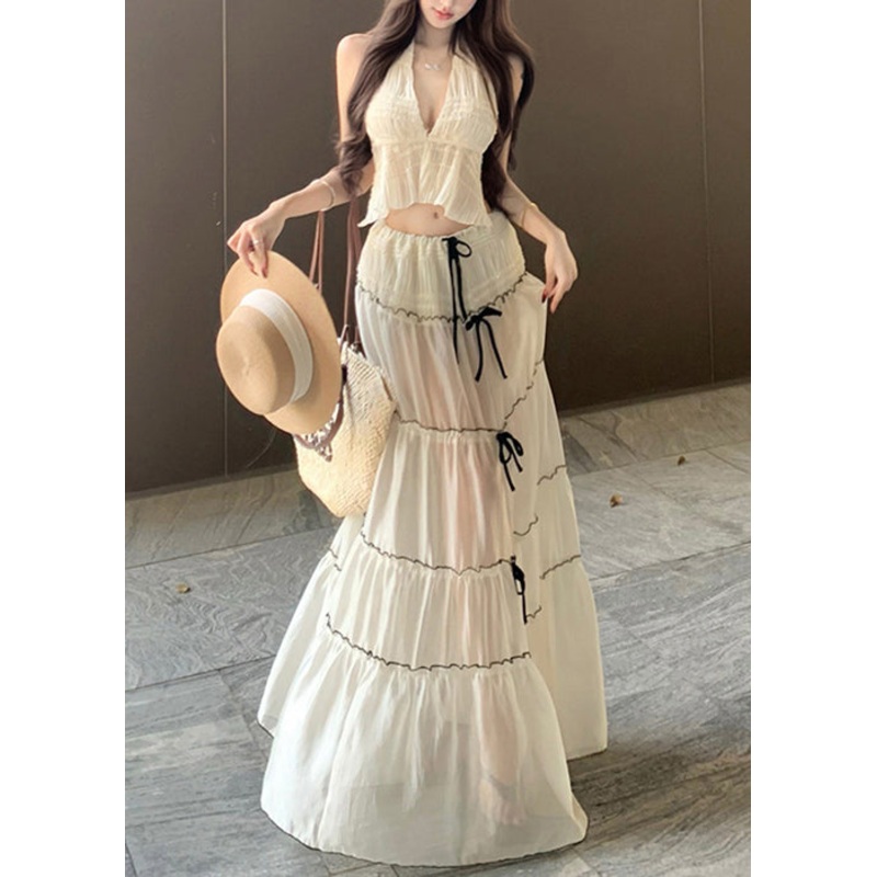 Bohemian White V Neck Bow Wrinkled Chiffon Two Pieces Set Sleeveless