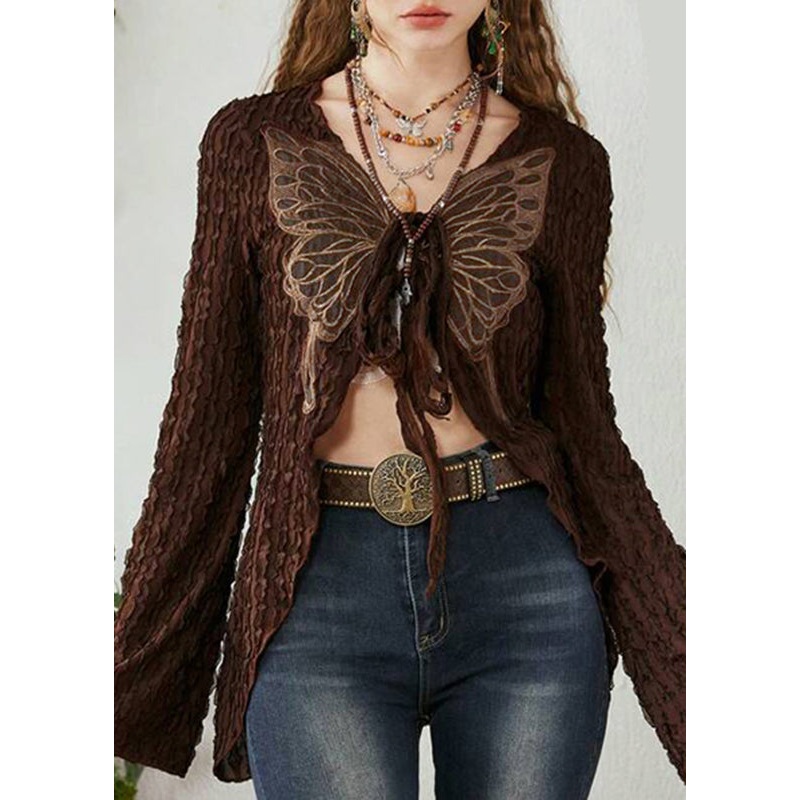 Chic Brown Butterfly Lace Up Patchwork Knitting Cotton Cardigan Spring