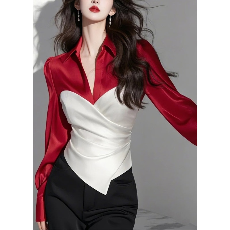 Chic Red Peter Pan Collar Patchwork Silk Shirt Spring