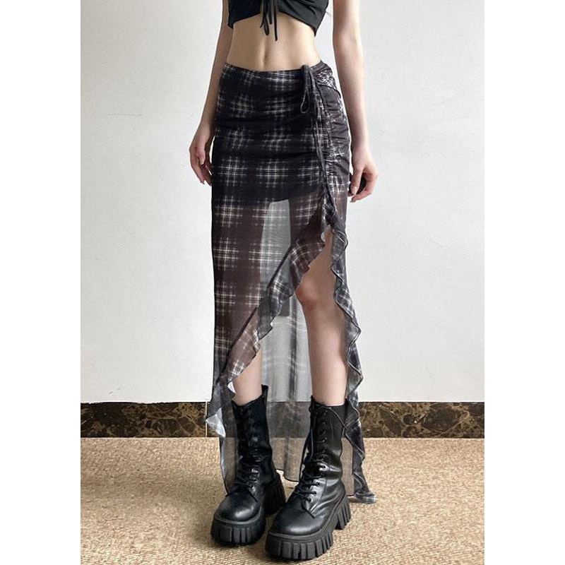 French Black Plaid Cinched Low High Design Tulle Skirts Summer