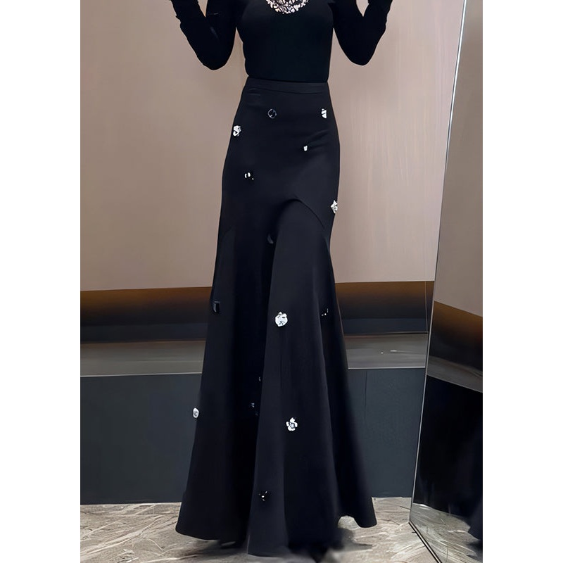 French Black Sequins High Waist Cotton Skirt Spring