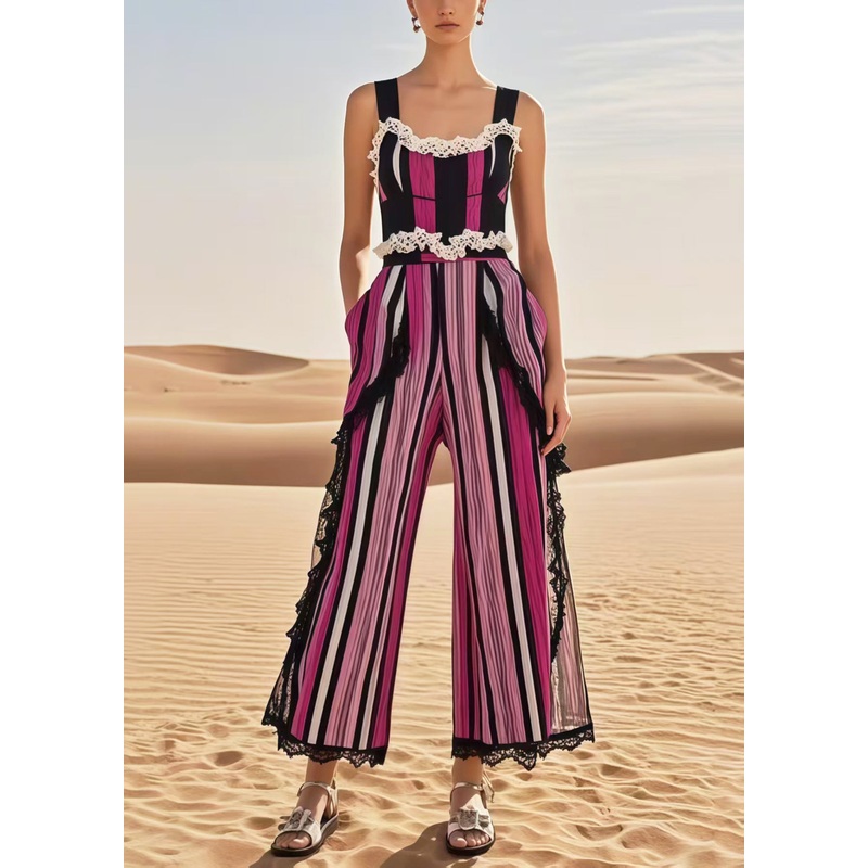 Italian Multicolour Striped Patchwork Lace Jumpsuits Summer