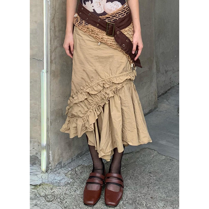 New Khaki Asymmetrical Ruffled Cotton Skirt Summer
