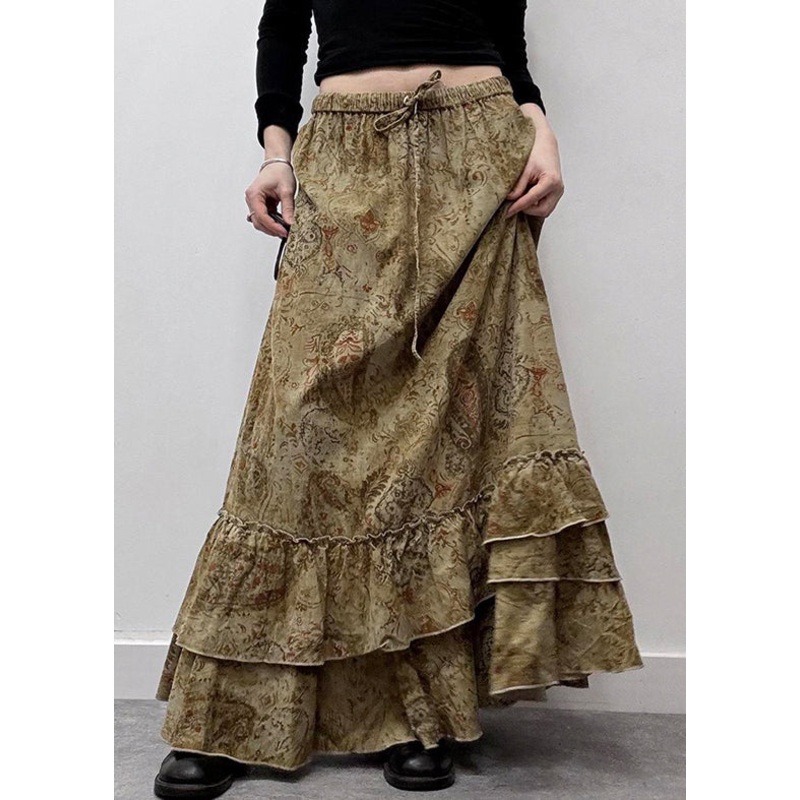 New Khaki Ruffled Print Elastic Waist Cotton Maxi Skirts Summer