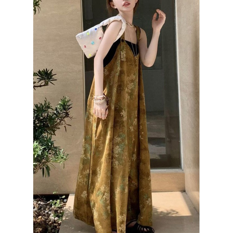New Yellow Print Button Cotton Wide Leg Jumpsuits Sleeveless