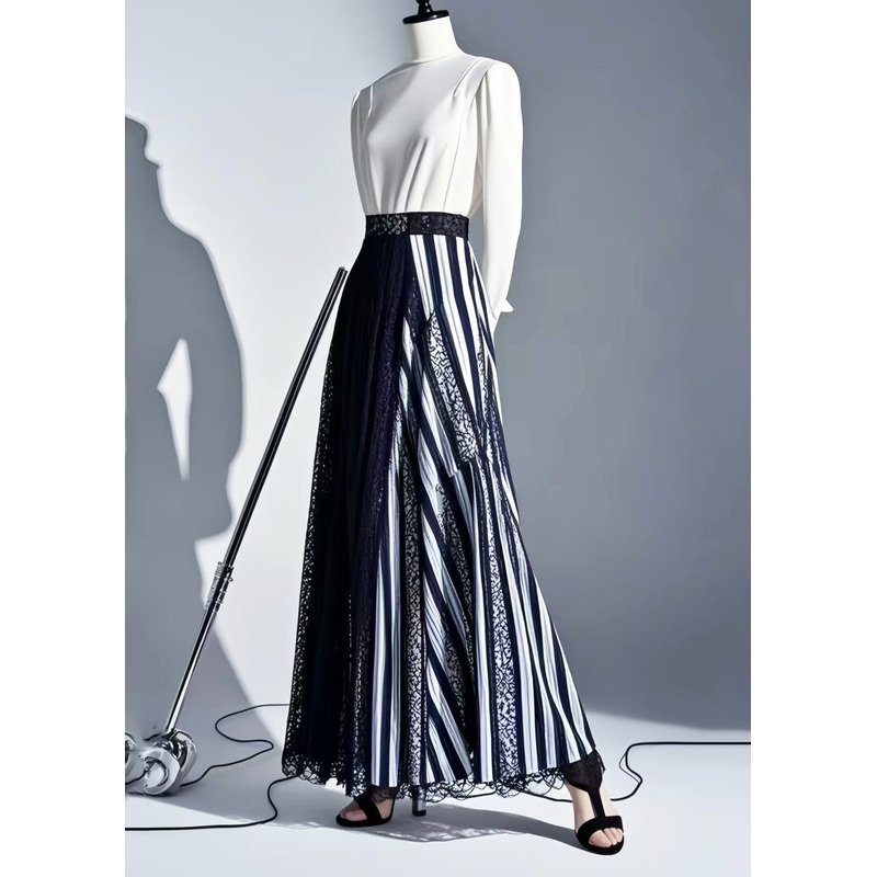 Original Design Striped Asymmetrical Patchwork Lace Skirt Summer