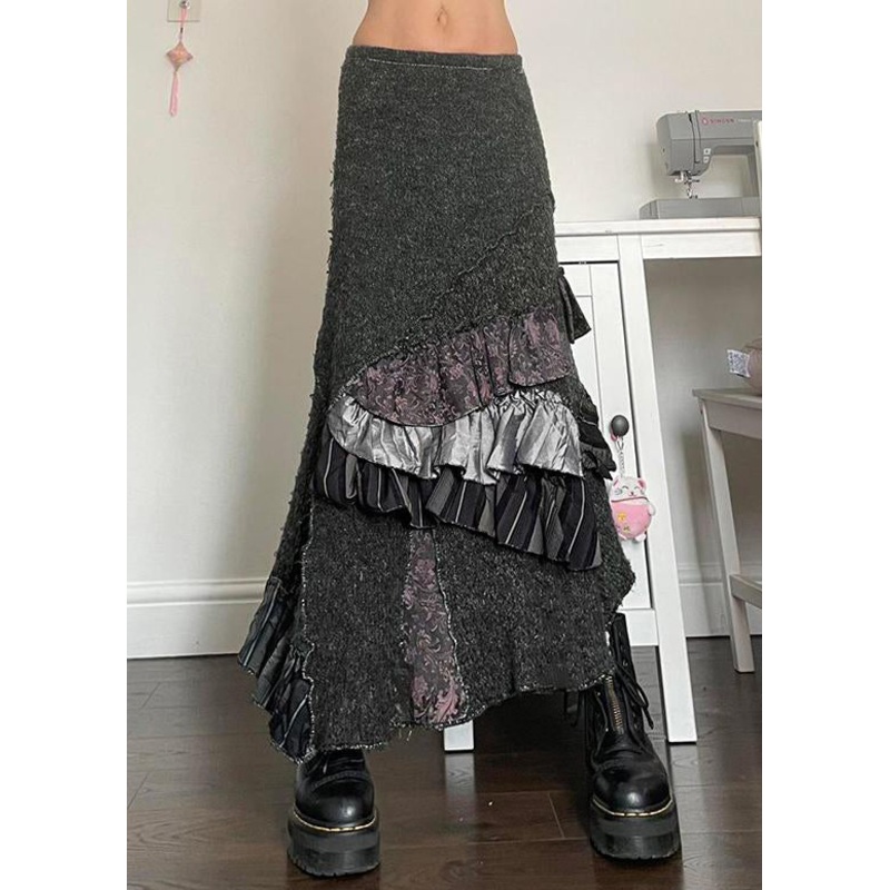 Original Grey Asymmetrical Ruffled Patchwork Cotton Skirts Summer