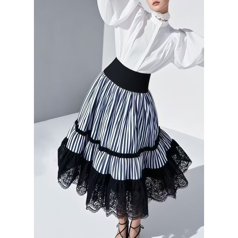 Plus Size Blue Striped Patchwork Lace Skirt Summer