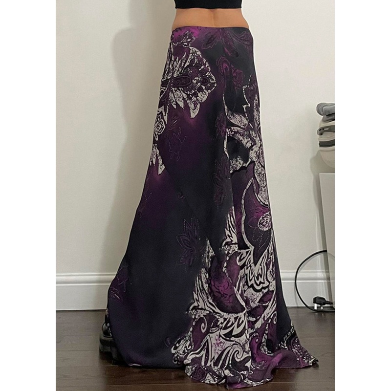 Retro Purple Print Elastic Waist Cotton Maxi Skirts Summer