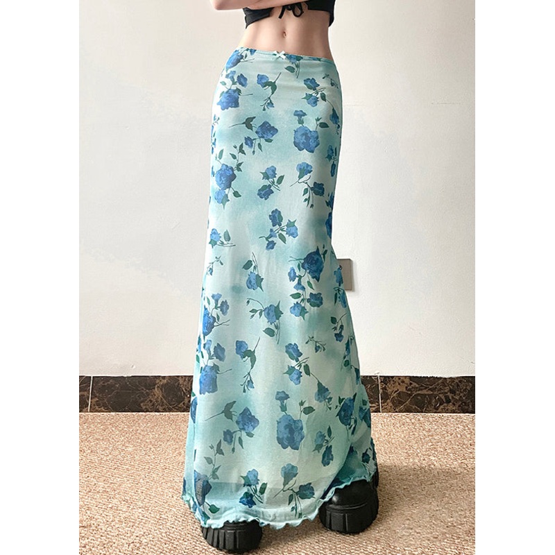 Slim Fit Blue Print High Waist Tulle Skirt Summer