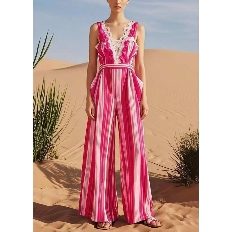 Stylish Rose Striped Ruffled Cotton Overalls Jumpsuit Summer