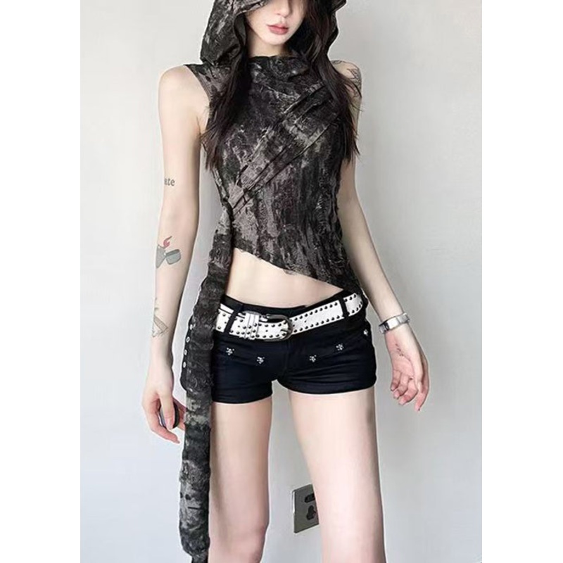 Vintage Black Hooded Original Design Cotton Tank Sleeveless