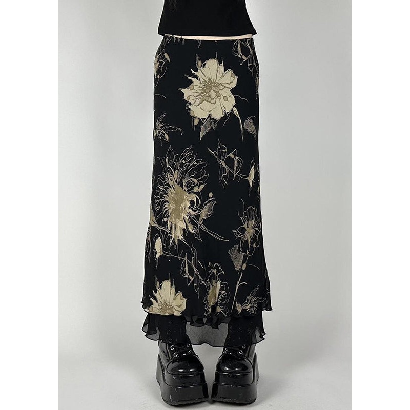 Vintage Black Print High Waist Tulle Skirt Summer