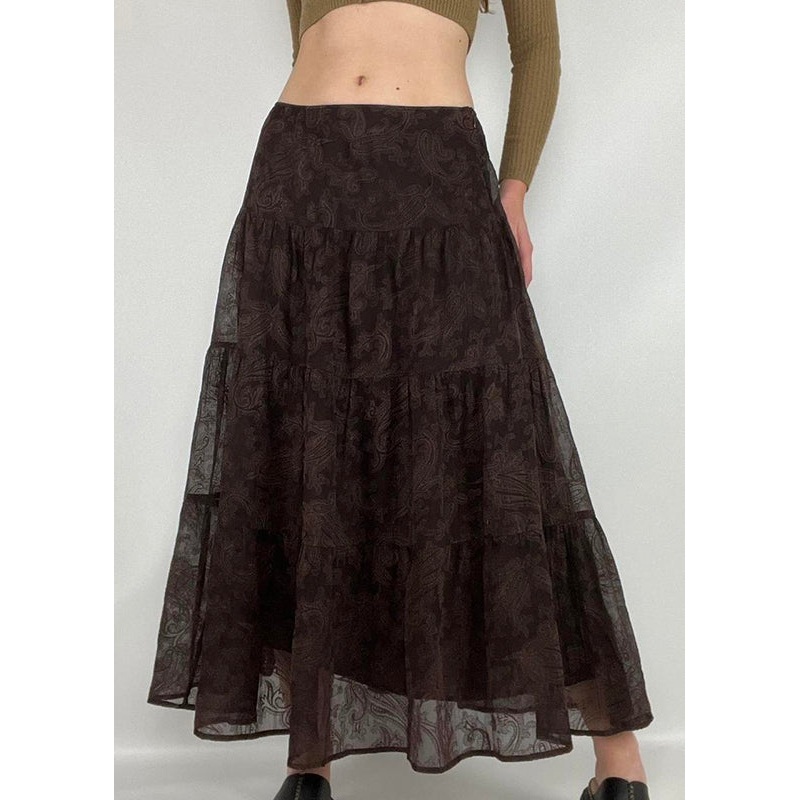 Vintage Brown Print High Waist Tulle Skirts Summer