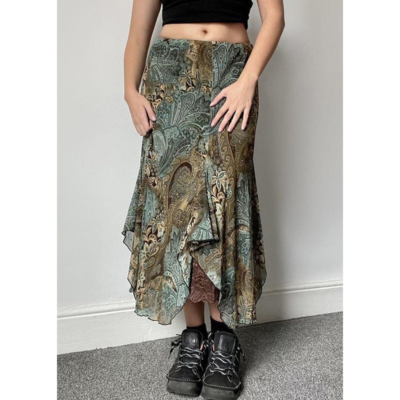Vintage Green Print Lace Patchwork Skirts Summer