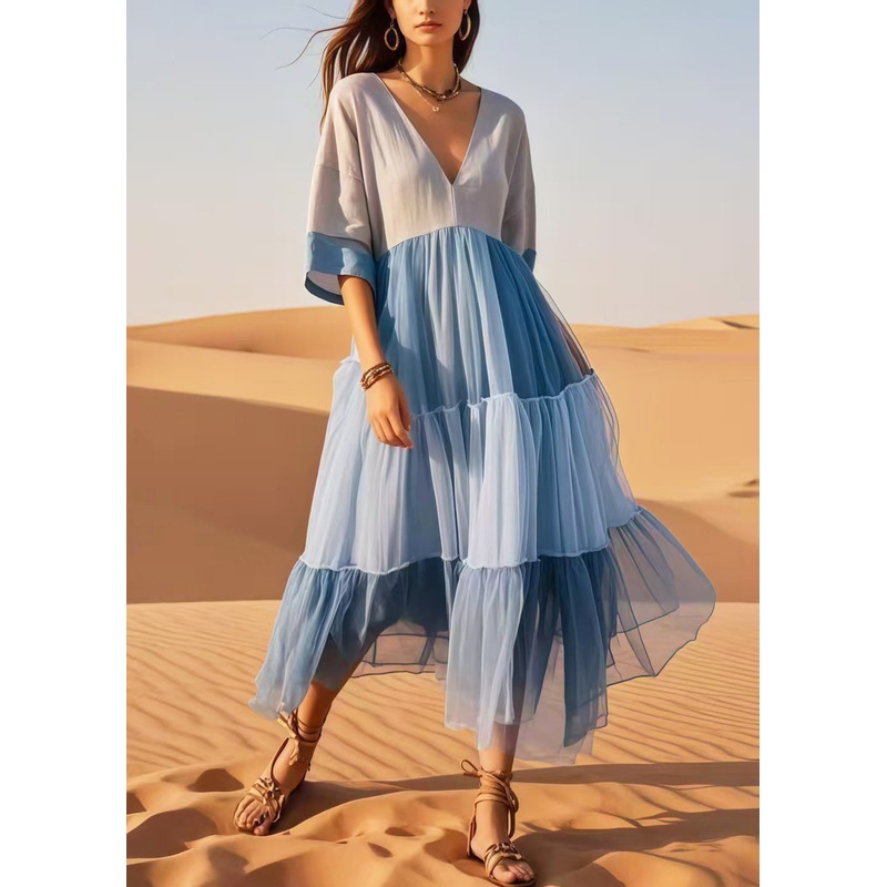 Women Colorblock V Neck Patchwork Cotton Dresses Summer
