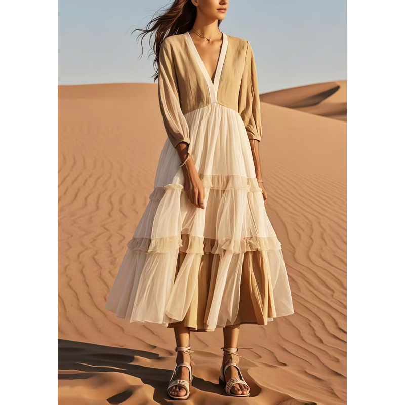 Women Khaki V Neck Patchwork Tulle Dress Bracelet Sleeve