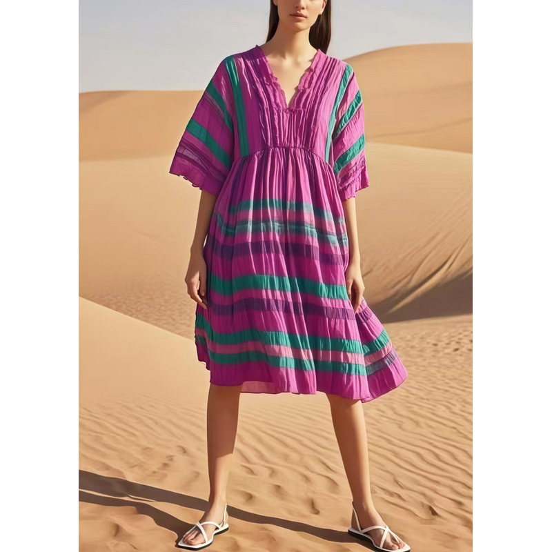 Women Purple V Neck Striped Cotton Day Dresses Summer