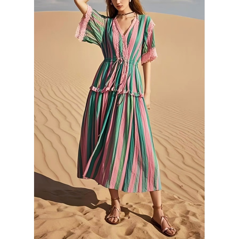 Women Rainbow Cinched Striped Cotton Holiday Dress Summer