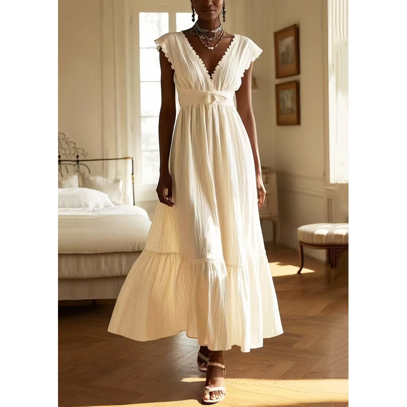 Women White V Neck Exra Large Hem Cotton Long Dress Sleeveless