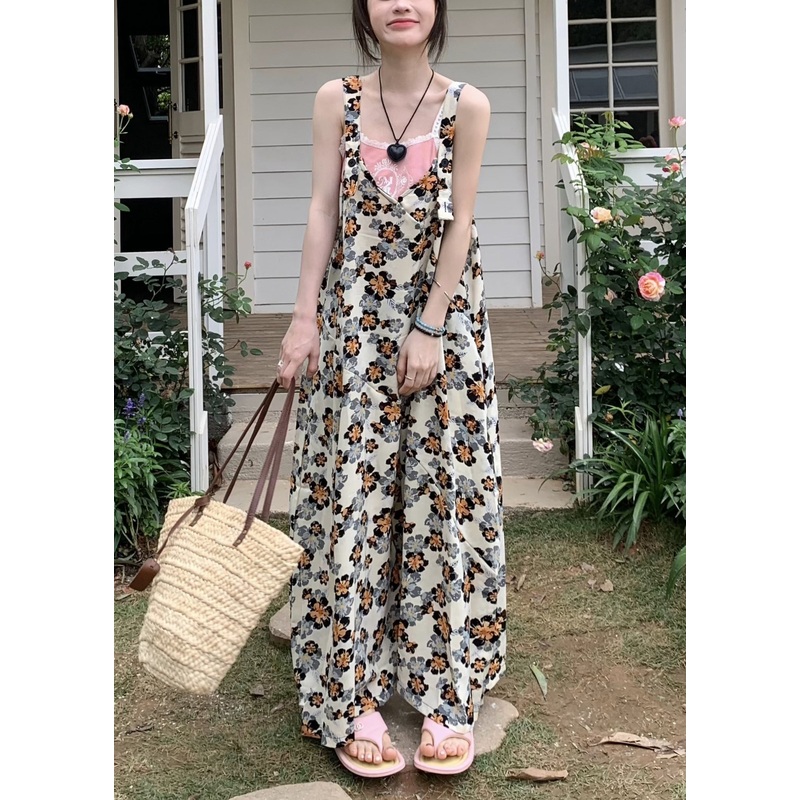 Yellow Print Cotton Sleeveless Wide Leg Jumpsuit V Neck