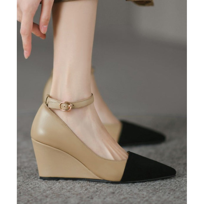2025 New Wedge Pointed Toe High Heels Buckle Strap