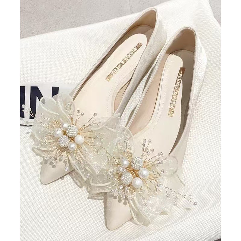 Apricot Bow Nail Bead Splicing Flat Feet Shoes Pointed Toe