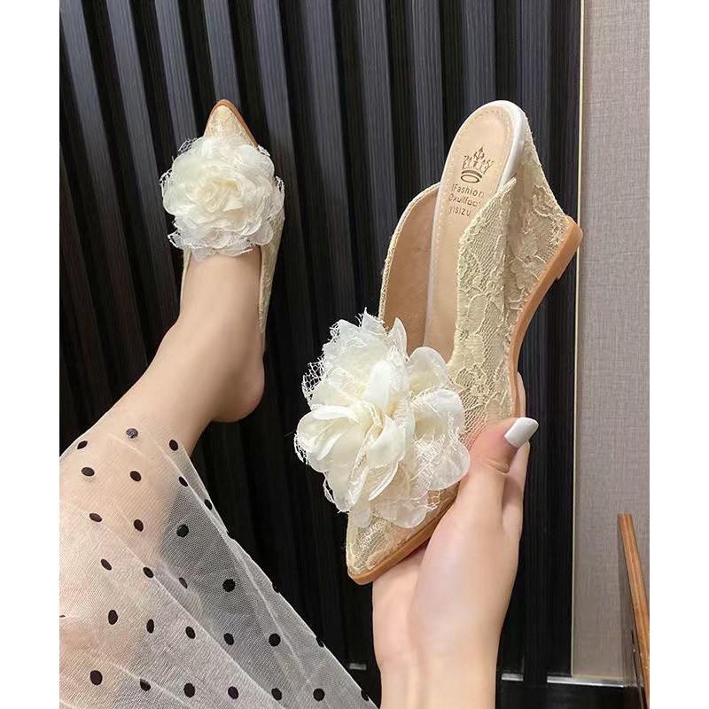 Apricot Floral Splicing Lace High Wedge Heels Slide Sandals