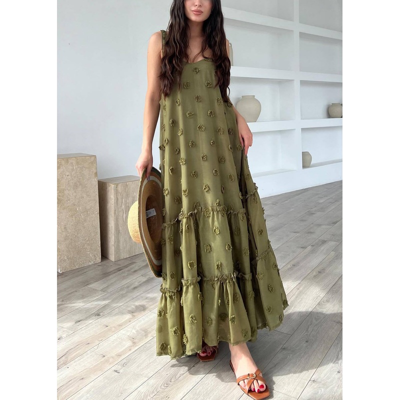 Army Green Floral Cotton Spaghetti Strap Dress Ruffled Summer