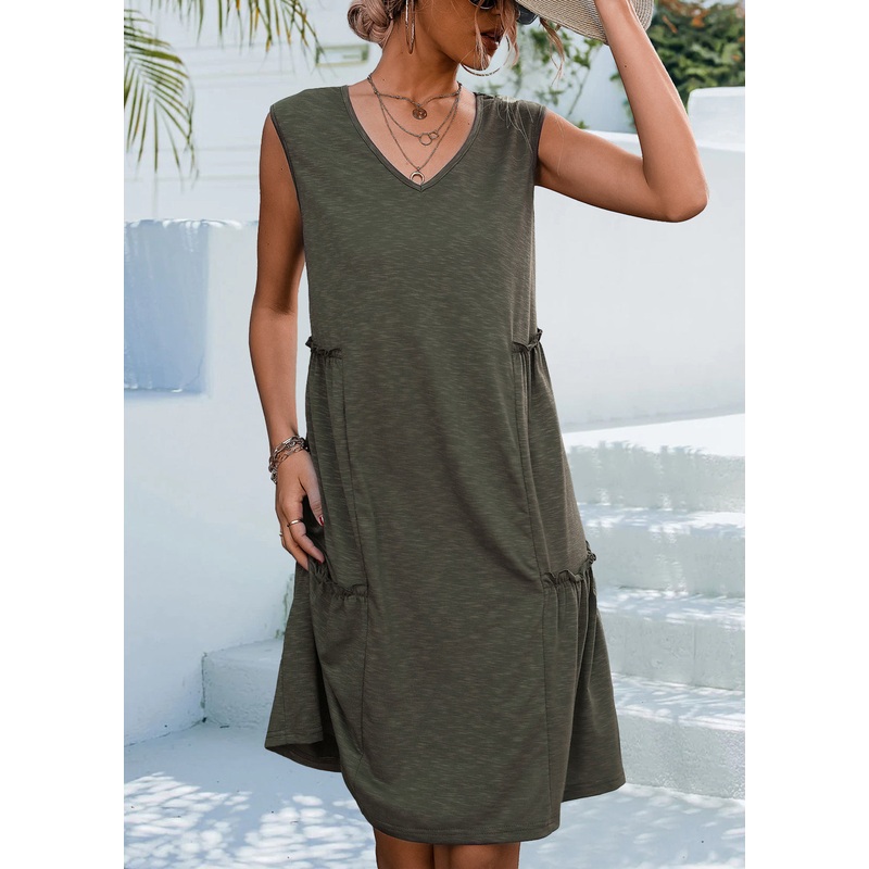 Army Green Pockets Solid Cotton Dress V Neck Summer