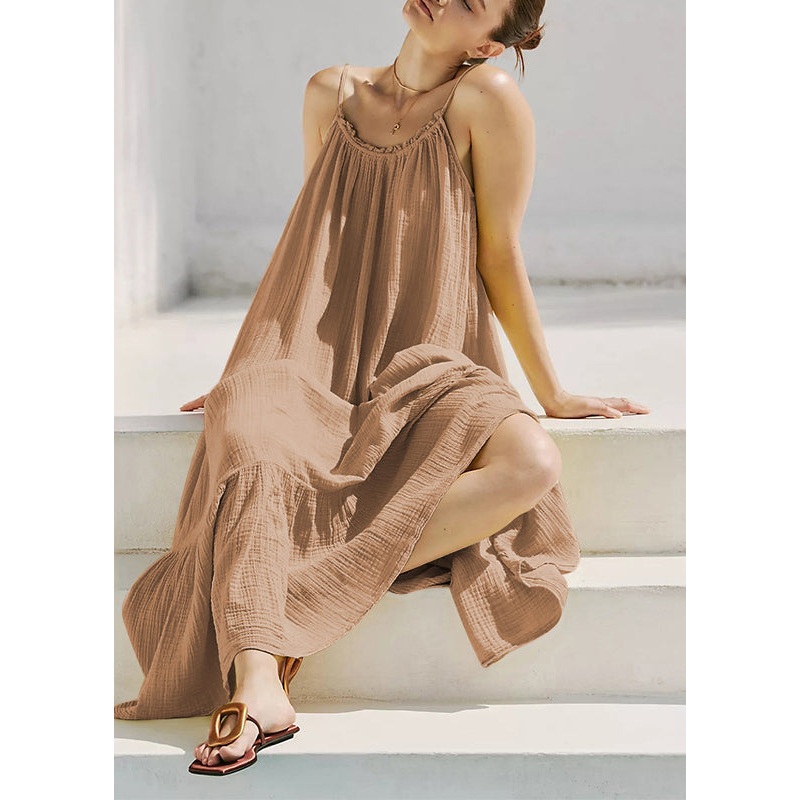 Art Khaki Backless Long Spaghetti Strap Dresses Sleeveless