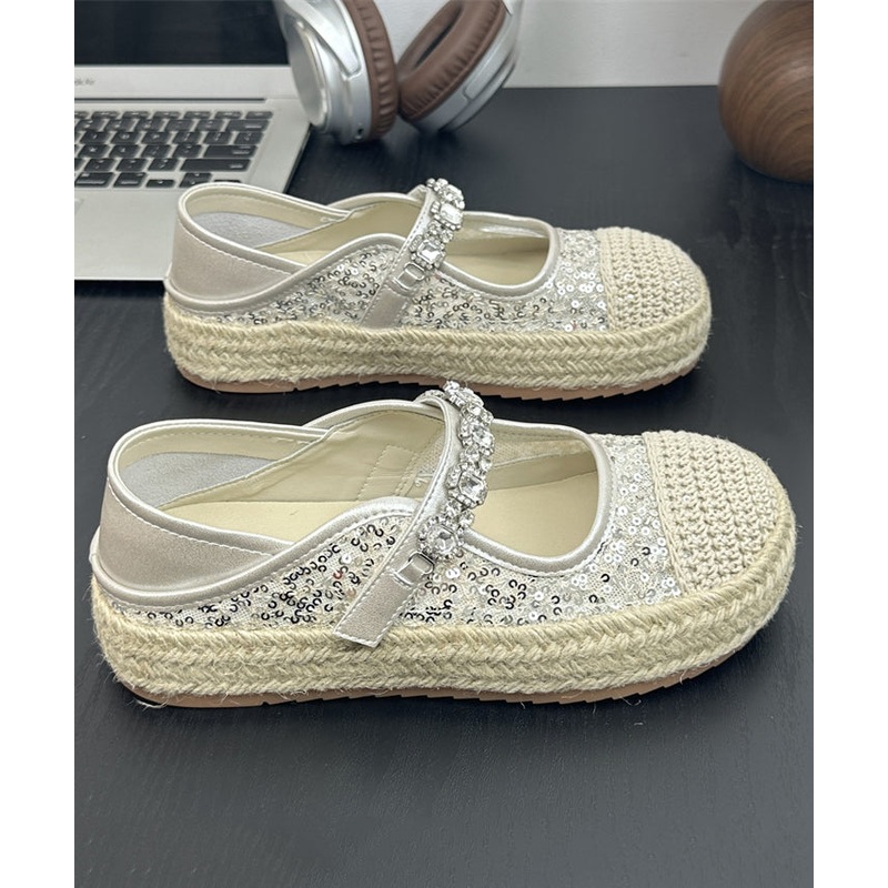 Beige Sequins Zircon Buckle Strap Splicing Platform Flat Shoes
