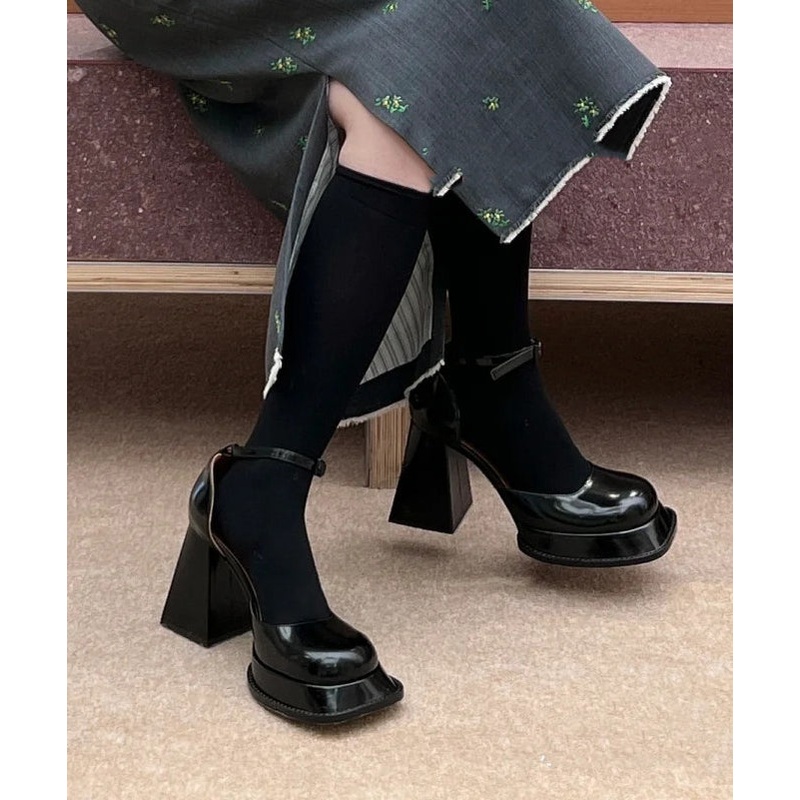 Black Chunky High Heels Faux Leather Stylish Splicing Buckle Strap