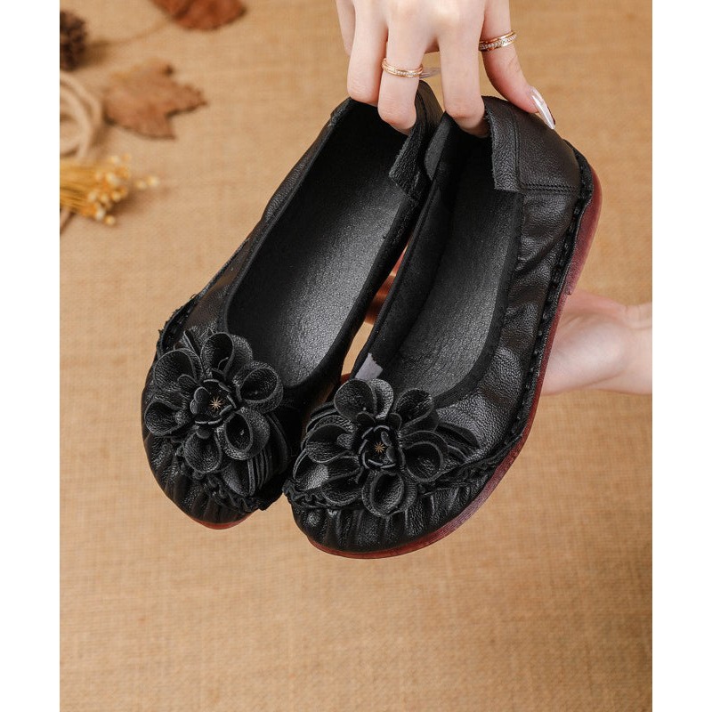 Black Cowhide Leather Soft Splicing Flat Shoes For Women
