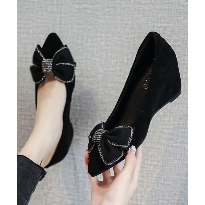 Black Suede Wedge Heel Penny Loafers Splicing Bow