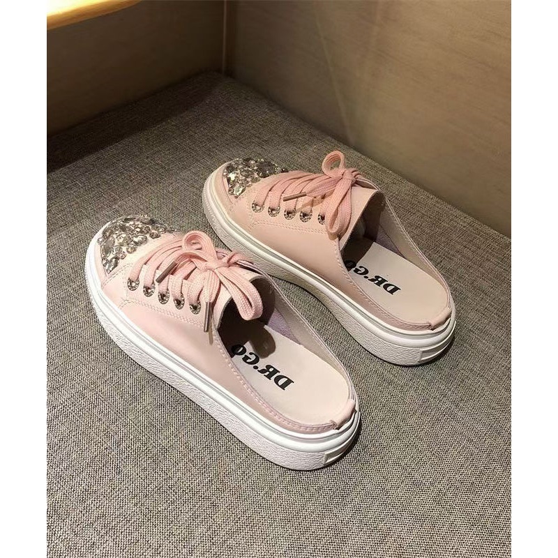 Boutique Pink Splicing Platform Slide Sandals Lace Up Zircon