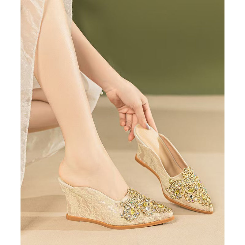 Boutique Splicing Wedge Heels Apricot Slide Sandals Zircon