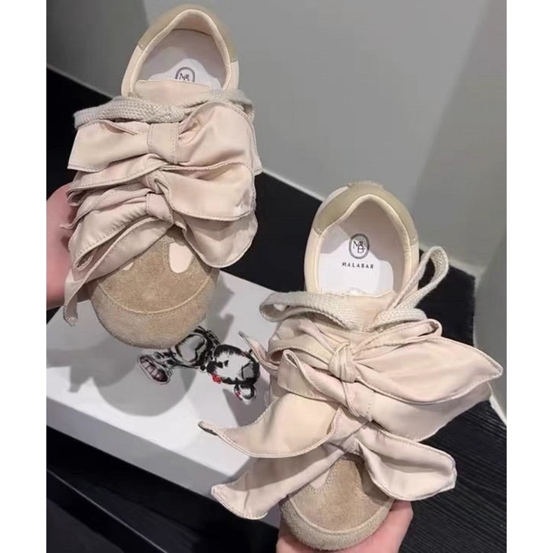 Casual Bow Splicing Flat Shoes For Women Apricot Suede
