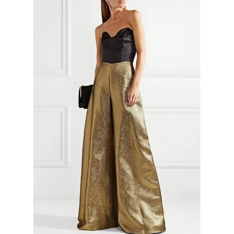 Chic Gold Cold Shoulder Patchwork Wide Leg Jumpsuit Summer