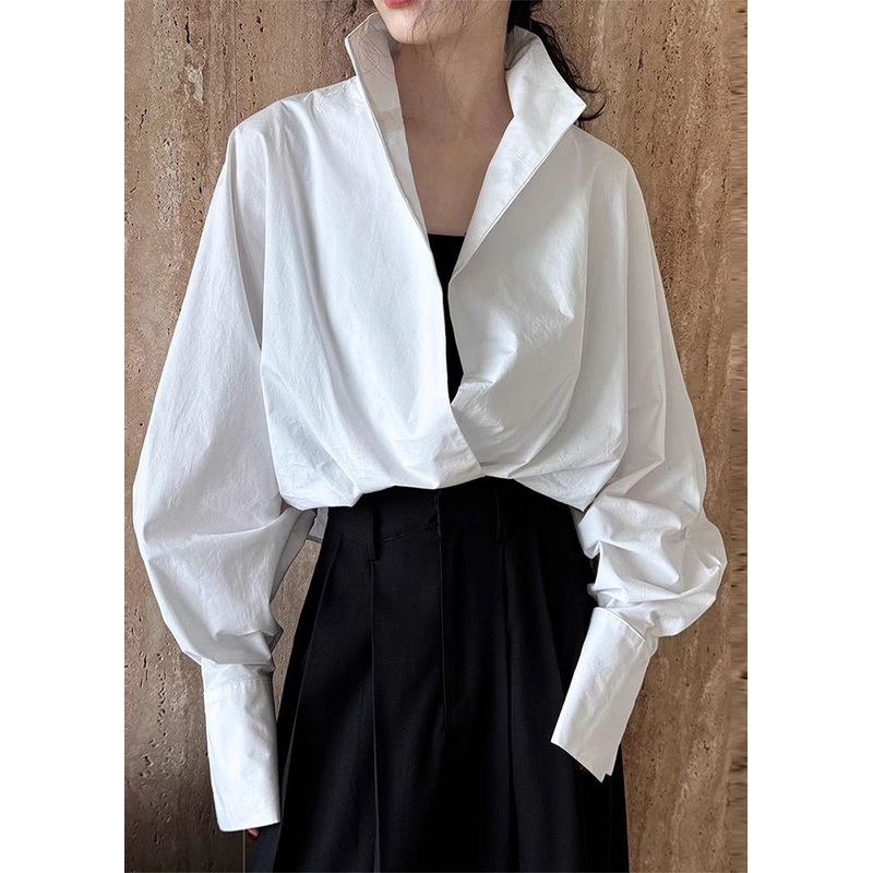 Chic White Stand Collar Solid Shirts Spring