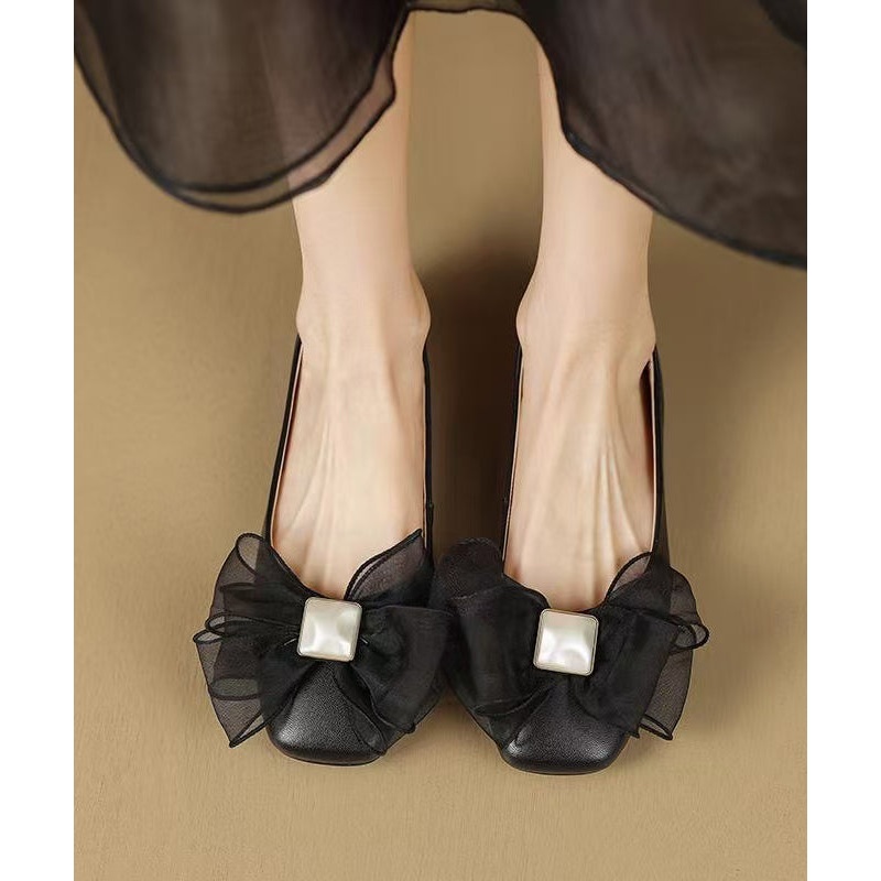 Fashion Black Flat Shoes For Women Splicing Bow