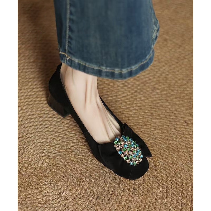 French Black Bow Zircon Splicing Chunky Heel Shoes Suede